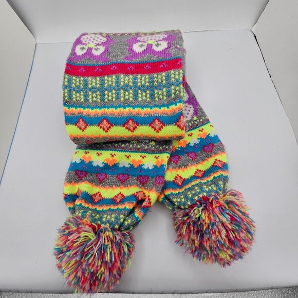 Colorful Knit Scarf With Owl Design & Pom-Pom Ends - Picture 5 of 6